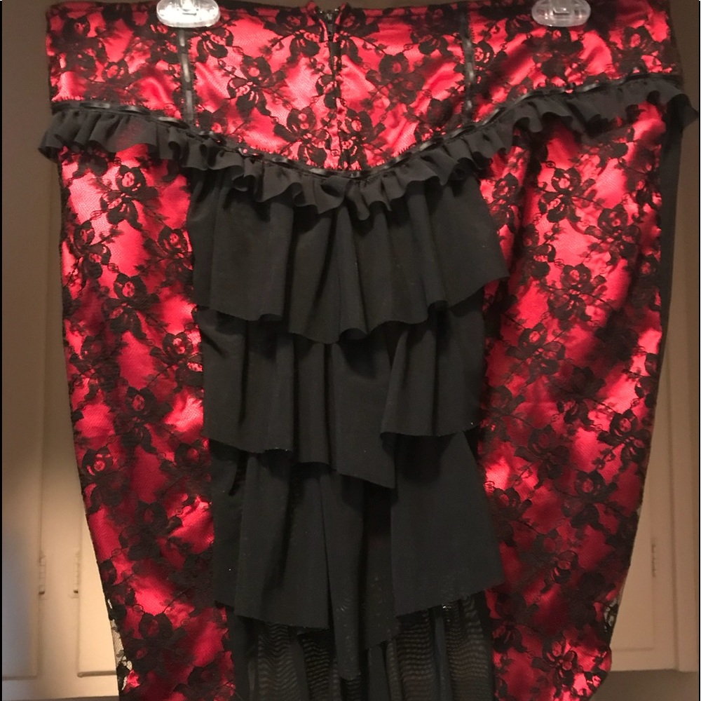 red and black lace pencil skirt w bustle